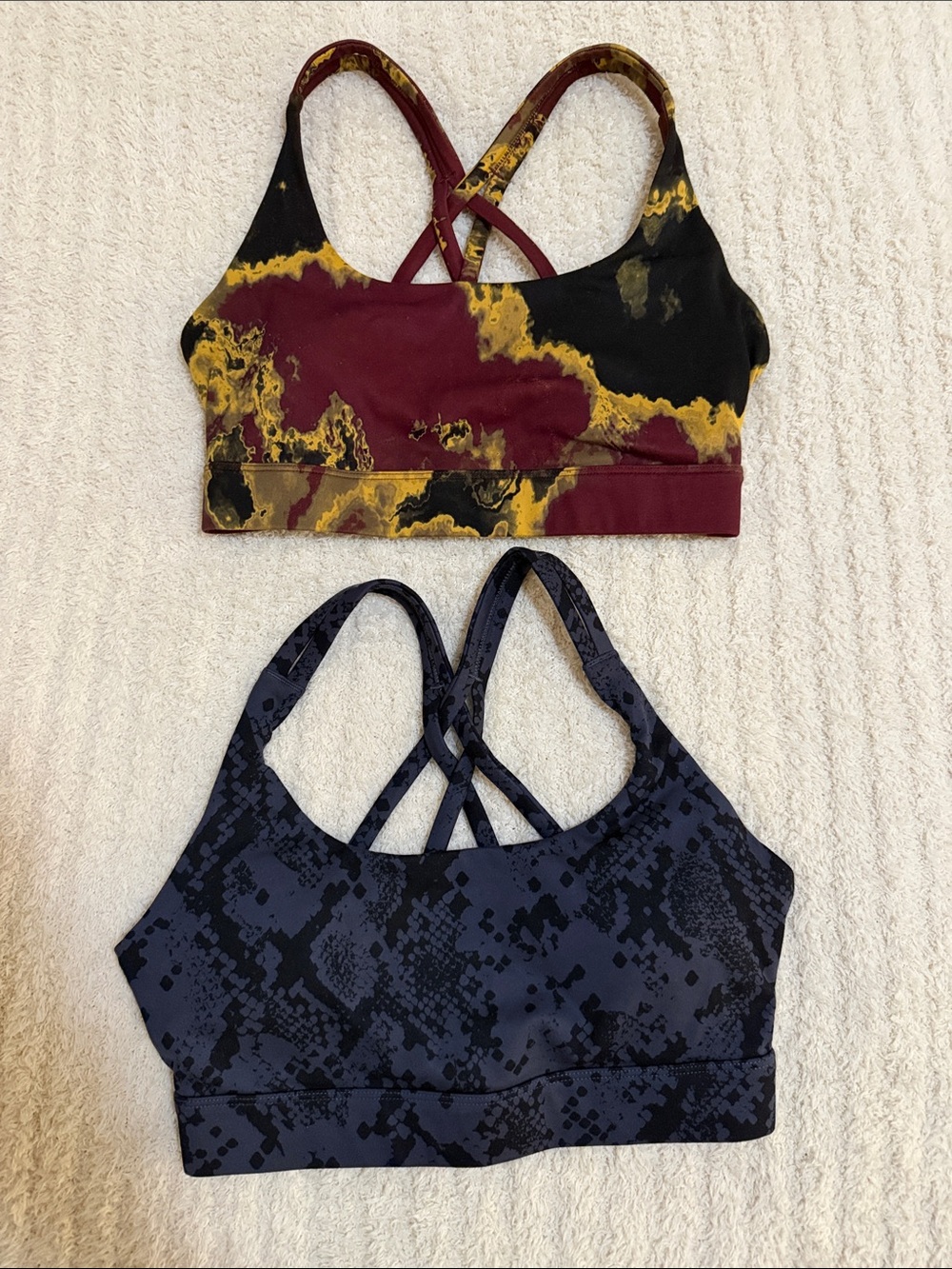 2-Pack Strappy Sports Bras — Burgundy/Gold Marble + Charcoal Snake